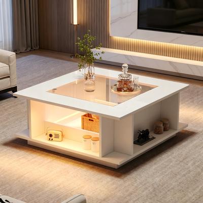 Coffee Table 70x70x30 Cm, Square, White, Glass Top, High Gloss Surface & LED Lighting, Made of Chipboard, Load Capacity Up To 30 Kg