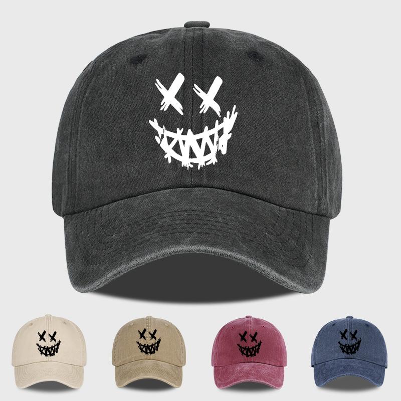 Graffiti CrossEyed Grinning Face Print Washed Baseball Cap Soft Comfortable Lightweight Breathable Dark Quirky Street Style