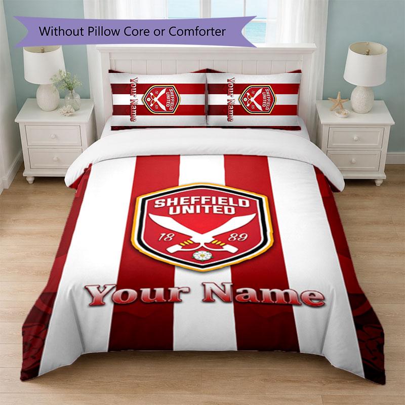 Sheffield United FC Custom Name Text Bedding Set 1 Duvet Cover+2 Pillowcases Soccer Logo Personalized Gift For Special Occasion Bedroom Decor