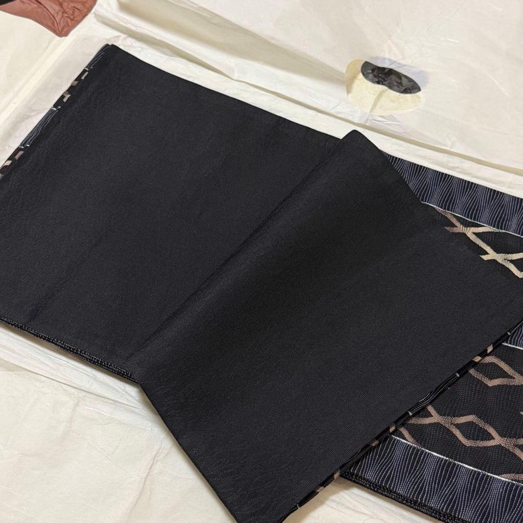 Used Unused item, connoisseur's choice, full-pattern fukuro obi, Nishijin-ori, black background, diamond pattern, staggered stripes, also suitable