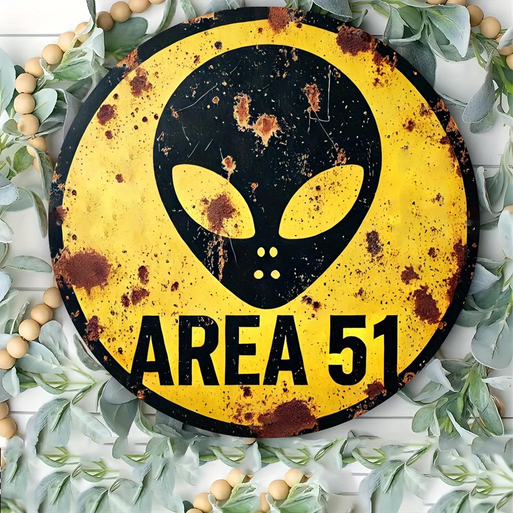 Vintage Round Tin Sign Area Alien Head Retro SciFi UFO Mysterious Wall Decor For Man Cave SciFi Lover UFO Enthusiast Gi