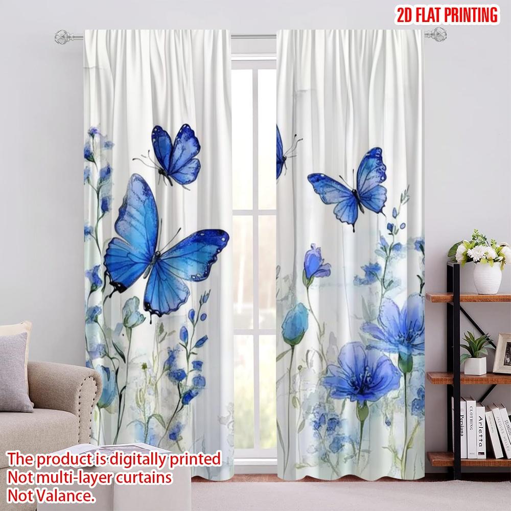 2pcs,2D Plane Printing Creative Curtains Blue Butterfly Bliss Versatile Durable Polyester (without Rod) All Seasons Ldeal for