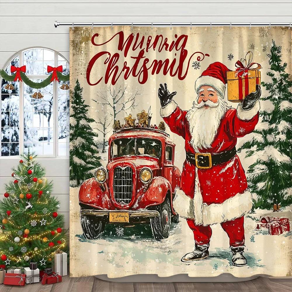 Kerst Sneeuwpop Douchegordijn Kerstman Kerstcadeaus Sneeuw Bedrukt Polyester Stof Huisdecoratie Douchegordijn Met Haak