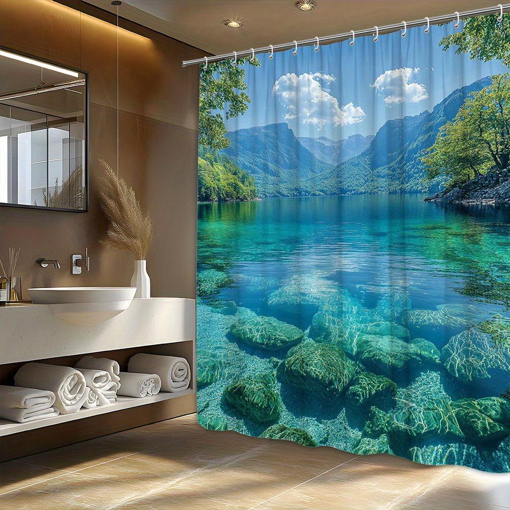 Polyester Shower Curtain - Serene Mountain Lake, Lush Greenery Design, 70X70", Machine Washable, Nature-Inspired Bath Decor