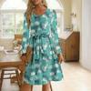 Women's Fashionable Retro Printed Color Blocked Waist Belt Casual Long Sleeved Dress