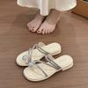 French rhinestone fairy slippers female summer wear flat bottom 2025 new clip toes beautiful with skirt beach sandals