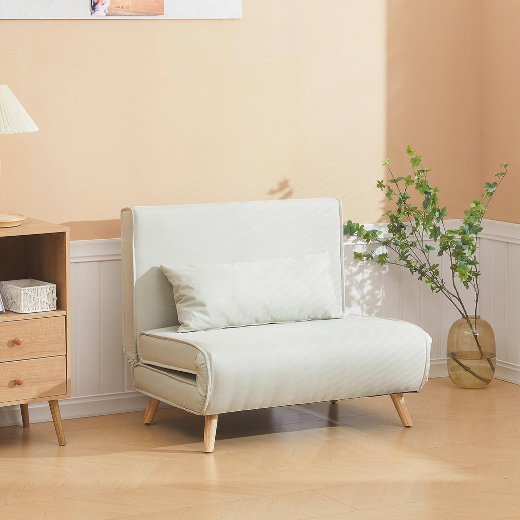 Divano letto singolo Schienale regolabile Sdraio Nordico Scandinavo Schiuma 25D Casa Tessuto simile al lino Legno di gomma Bianco crema 94 x 78 x 80 cm