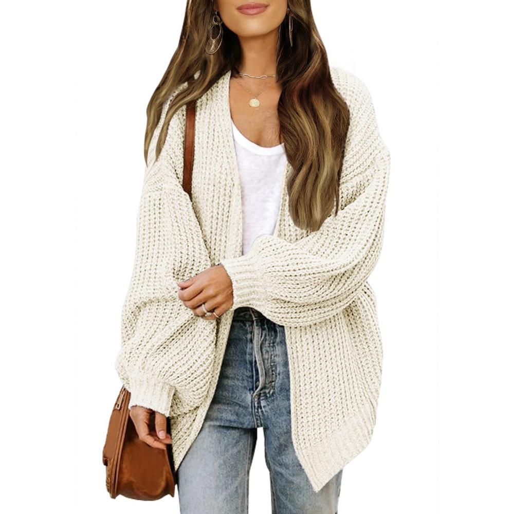 Women's Chunky Knit Cardigan with Lantern Sleeves - Cozy Autumn & Winter Boutique Style
