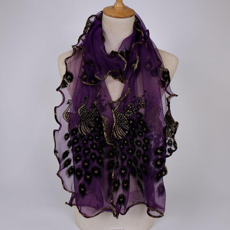 Peacock Embroidery Scarf Shawls Flocking Breathable Cut Scarves Lace Ladies Scarf Sequin Bronzed Scarf Beach Towel 190*40cm