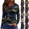 Damen Modisch Lässig Hals Langarm Saum Schlitz Karneval Print T-Shirt Top
