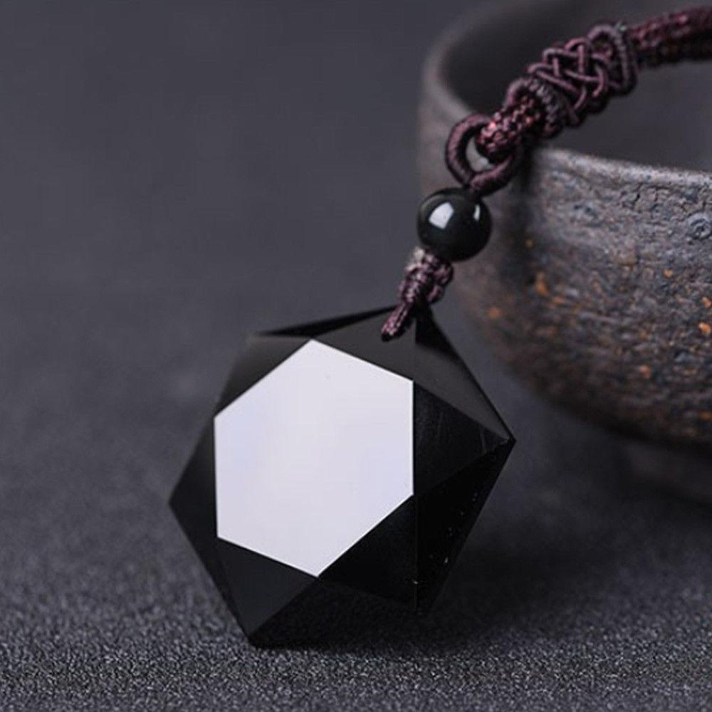 Black Fashion Blessing Lucky Men Jewelry Necklace Obsidian Pendant Hexagram Shape Amulet