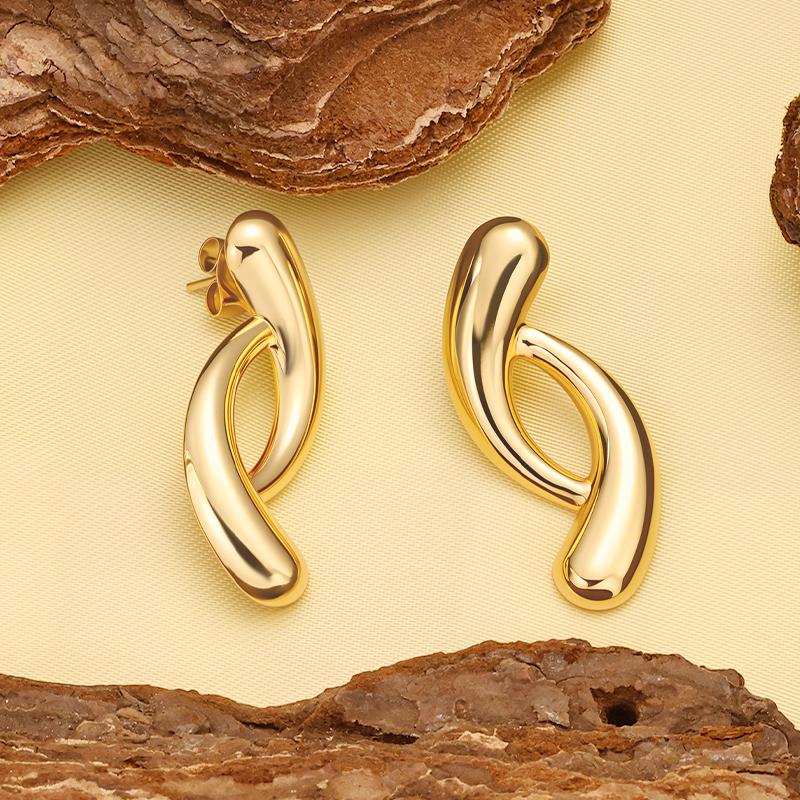 Hot Selling 18K Gold Plated Stainless Steel Stud Earrings New Curved Design Trendy Geometric Pattern Personalised Wedding