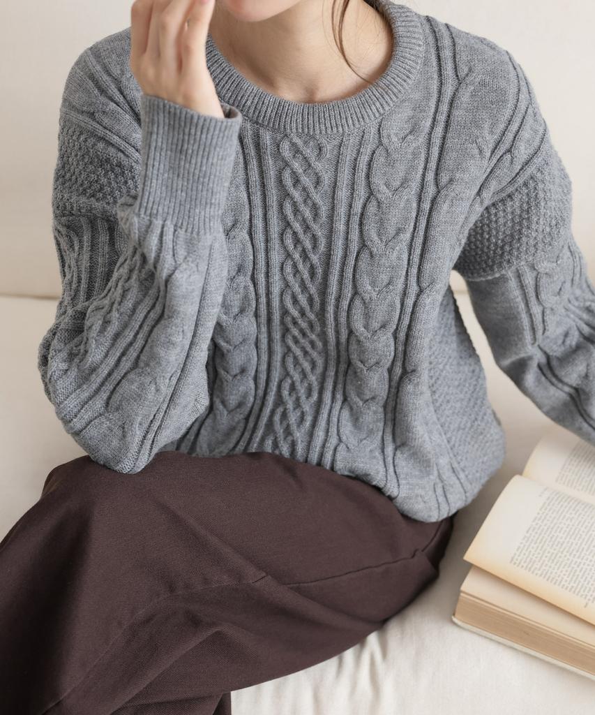 Ppaeppae Round Neck Voluminous Cable Knit Loose Fit Long Sleeve Knit T-Shirt 4 Colors