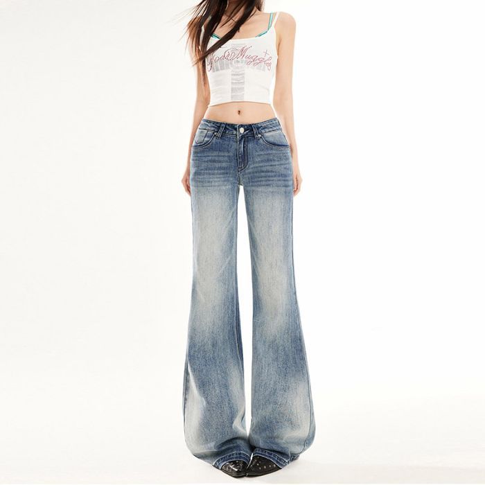 Spring Summer Low Waist Non Cling Light Blue Floor Micro Flare Denim Pants For Women Casual Pants Oversize Denim Trousers