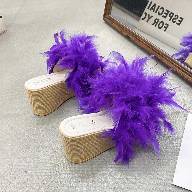 Aphixta New 7CM Wedge Heel Slides Colorful Real Fur Women Slippers Furry Summer Shoes Platform Hair Slides Big Size 43 Sandals