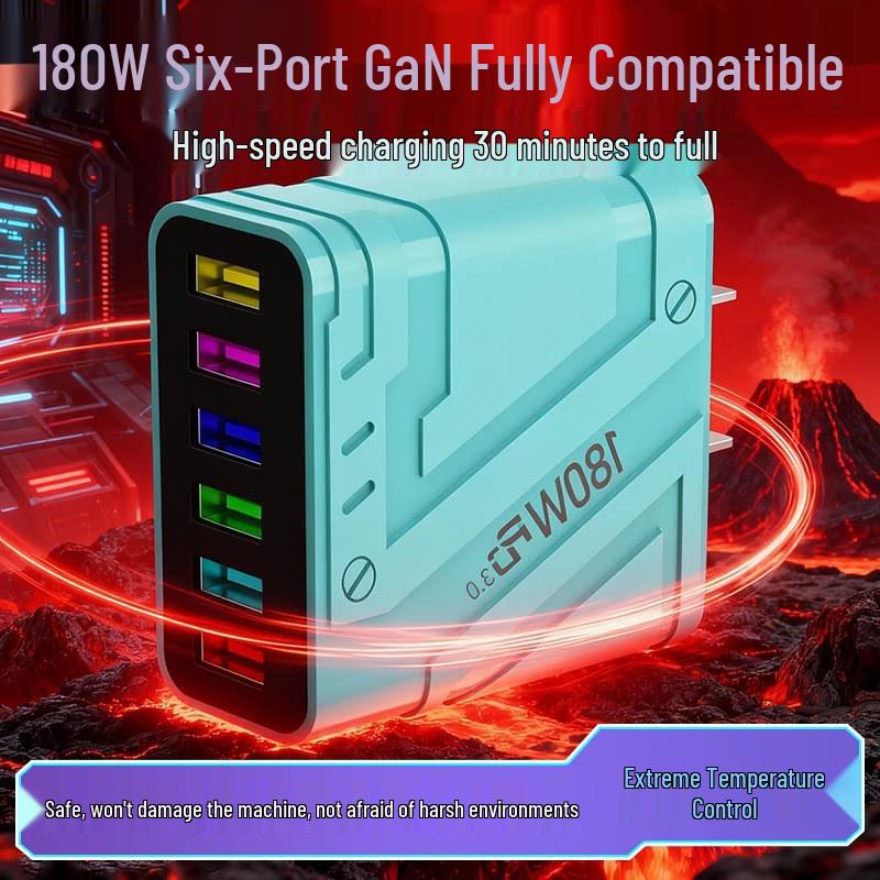 180W GaN Snellader met PD3.0, QC3.0, Super Flash Charge, 6-Poorts USB, Automatische Ontkoppeling