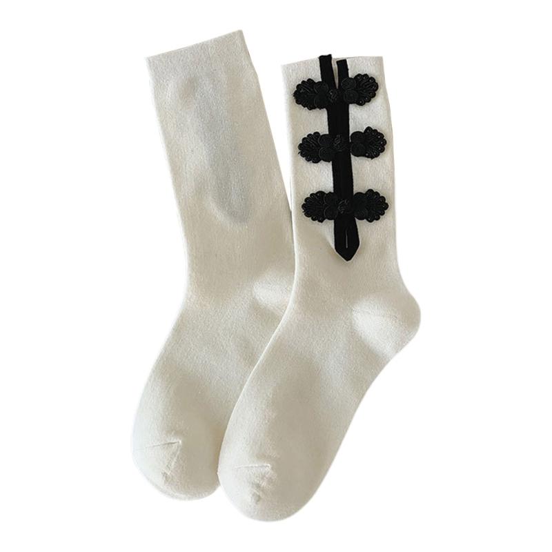 Womens Casual Crew Socks, Chinese Style Cheongsam Buckle Design Ladies Socks Solid Color Cotton Calf Socks