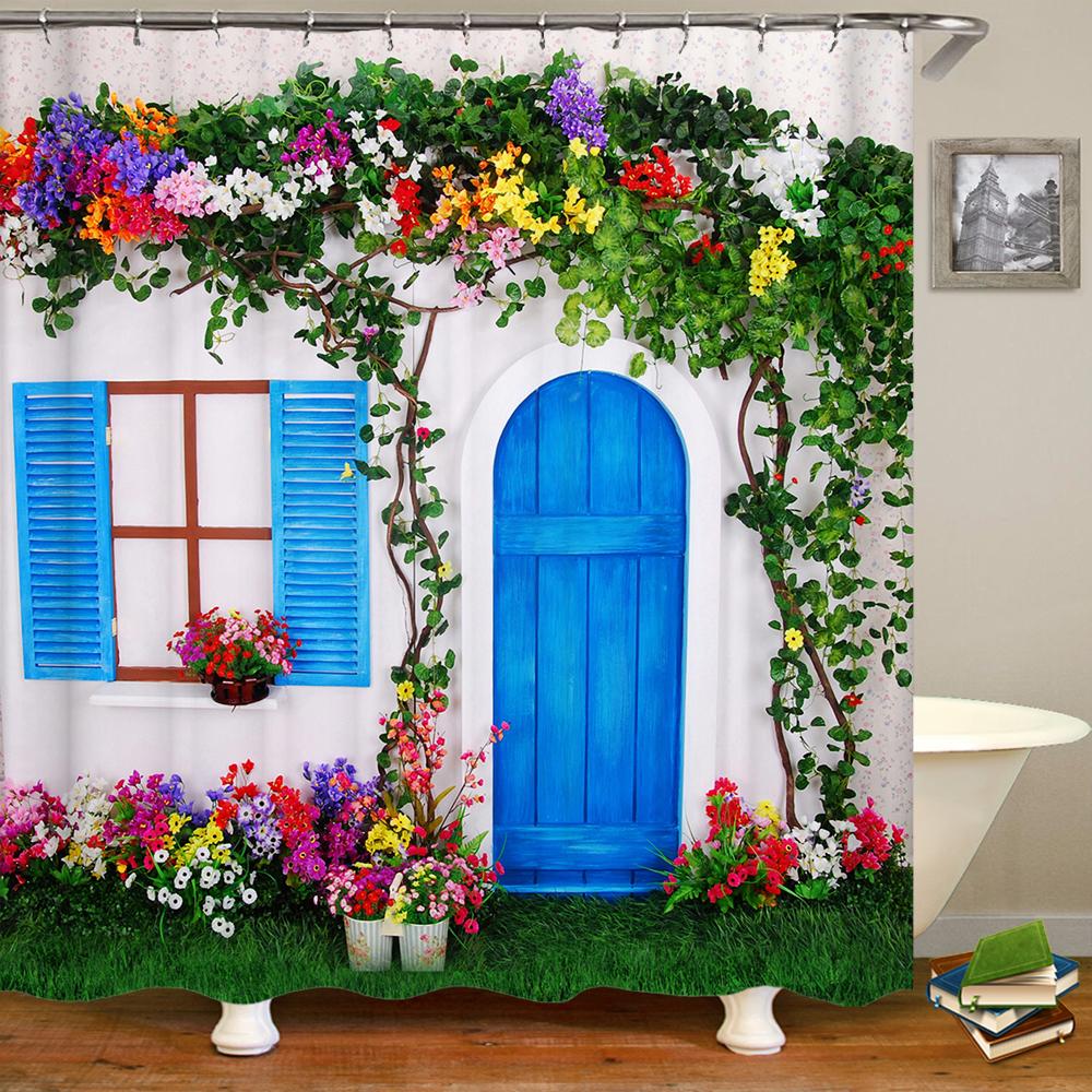 Bathroom Waterproof Shower Curtain Polyester 3D Mountain Garden Seaside Beautiful Flower Landscape Print Home Decoration Curtain