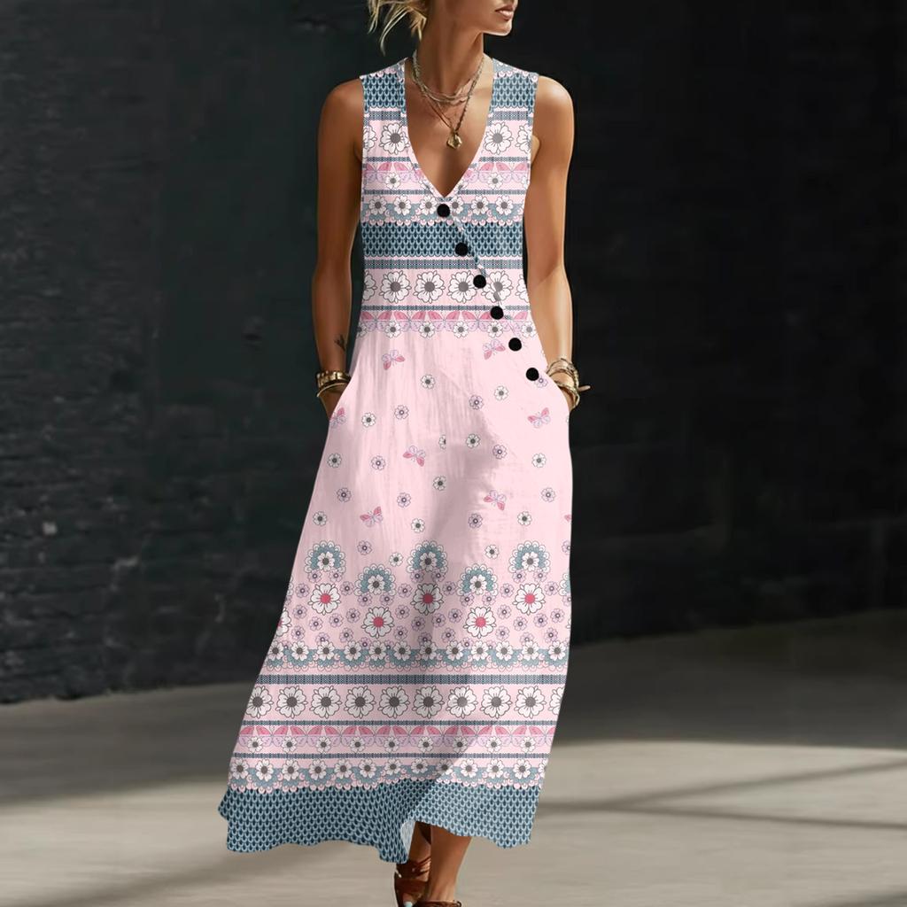 Sleeveless V Neck Maxi Dress with Floral Print Casual Loose Fit Summer Long Dress for Women with Pockets