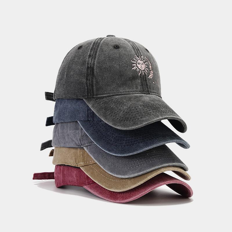 New heat transfer sun and moon pattern soft top baseball cap couple European and American washed retro cap