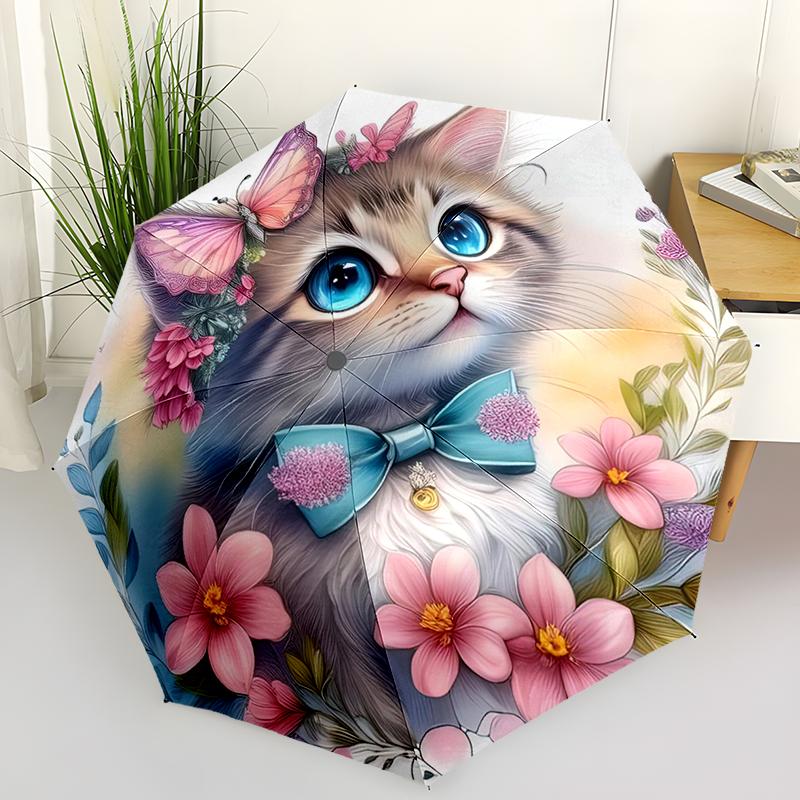 Cute Cat Automatic Folding Umbrella Compact, Lightweight, Retractable, Perfect for Outdoor Adventures and Festive Gifting