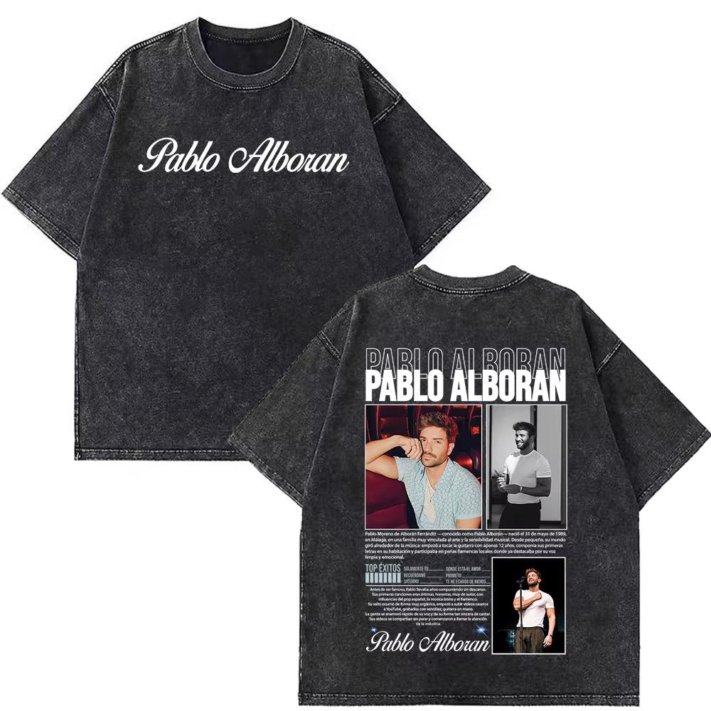 Camisetas Estampadas Pablo Alborán Gira Mundial Kmo 2026 Lavadas Estilo Vintage para Hombre Mujer Hiphop Casual Oversize Streetwear