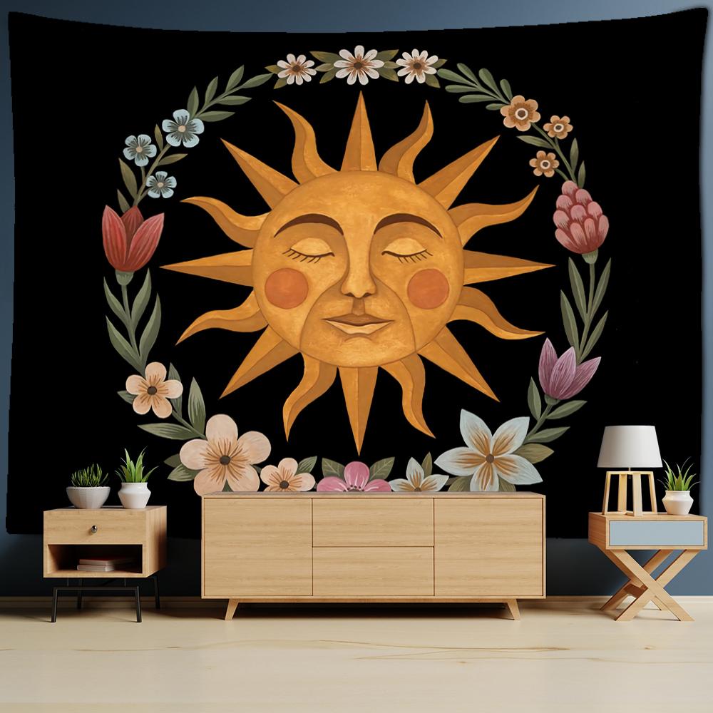 Tapisserie murale psychédélique, illustration artistique, sorcellerie, soleil et lune, esthétique, décoration d'intérieur