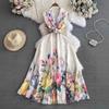 Flower Series Design Sense Printing Temperament Suit Collar Breasted Waist Thin High-end Long Sleeveless Dress