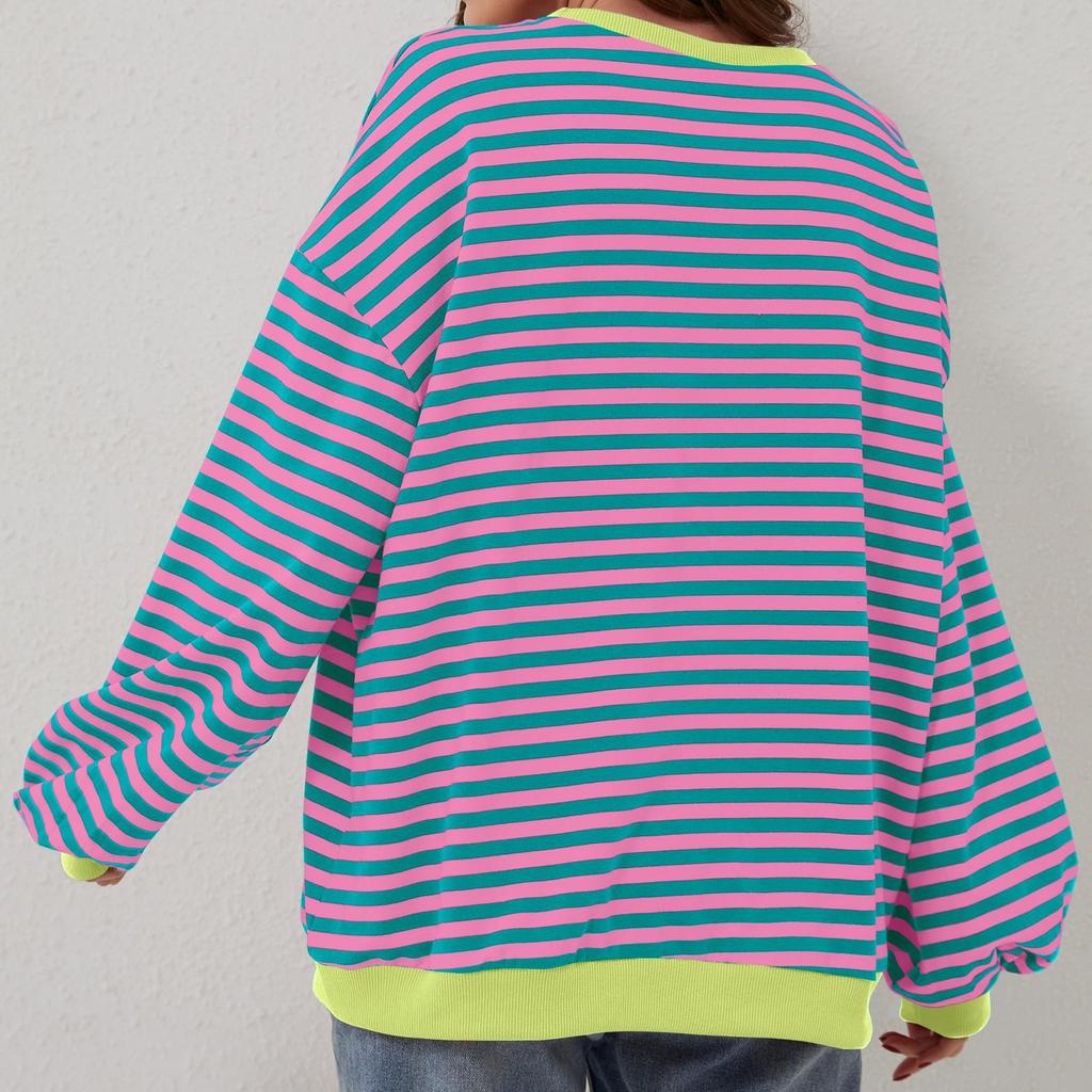 Oversized Sweatshirt for Women Spring Crew Neck Striped Long Sleeve Shirts Hoodies Preppy Top Y2K Outfits Casual Round Neck Pullover T-Shirt