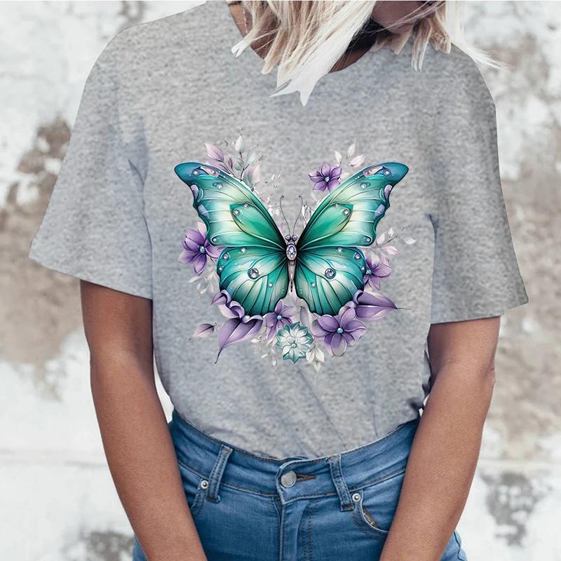 (Hochwertige T-Shirts)Mode Neues Blumen Schmetterling T-Shirt Und Damen Cartoon T-Shirt Harajuku Streetwear T-Shirt Lässige Oberteile T