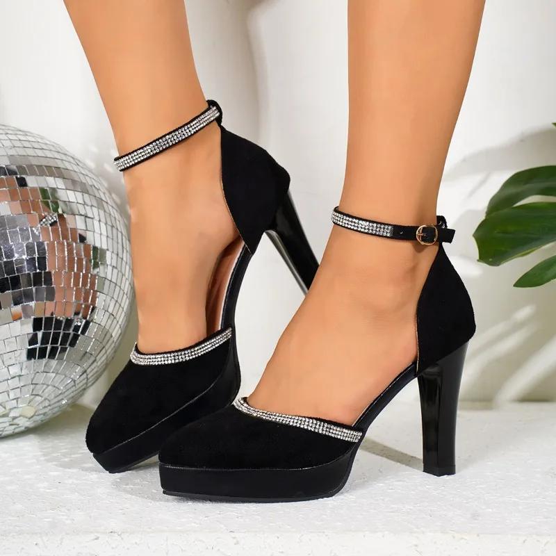 Ladies Shoes 2024 Ankle-wrap Women's High Heels Fashion Party Pumps Women Crystal Pointed Toe Thin Heel Buckle Strap Shoes Women
