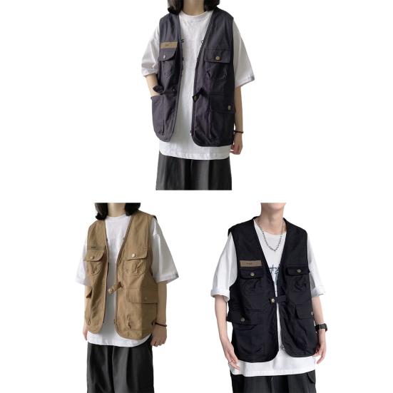 Unisex Casual Waistcoat Sleeveless Multi Pockets Design Vest Coat Zipper Buttons Closure Jacket Cargo