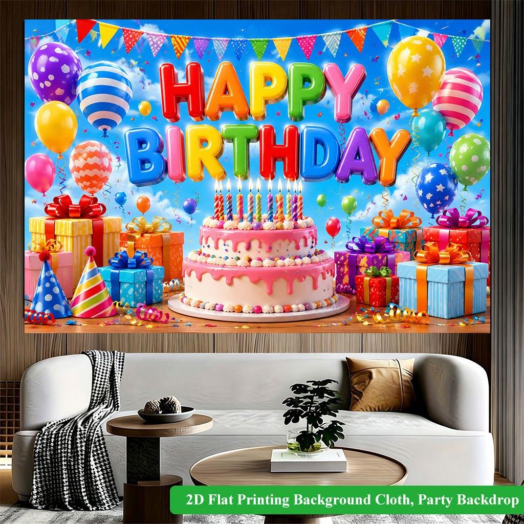 Fondo Plano 2D 1 ud Escena de Cumpleaños Pancarta de Fondo Colorida Decoración de Pared de Poliéster Para Sala de Estar Dormitorio Oficina Decoración Exterior Fiesta Festivo