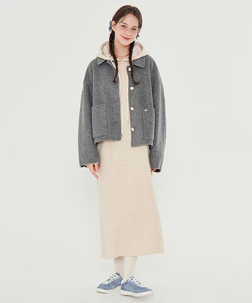Metapeo Minimal Wool Knit Hooded Dress Beige