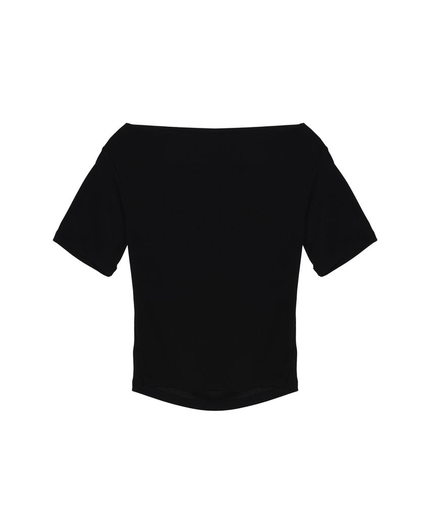 Nigaennikol Half Shirring Drape Boat Neck Top_Black