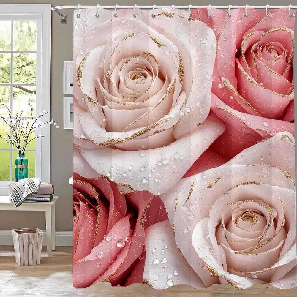 Kadınlar İçin Pembe Çiçekli Duş Perdesi Gelin Düğün, Pembe Çiçekler Romantik Kız Çocukları İçin Uygun Kancalı Askılı Perde
