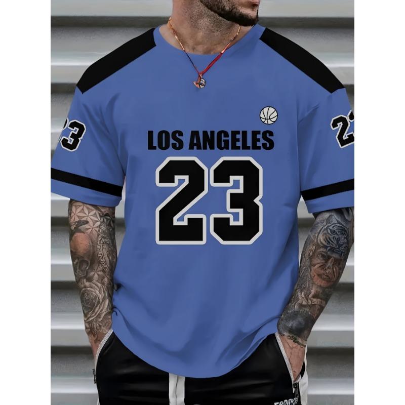 European and American Men's Summer Los Angeles Striped Letter Print Comfortable Breathable Round Neck