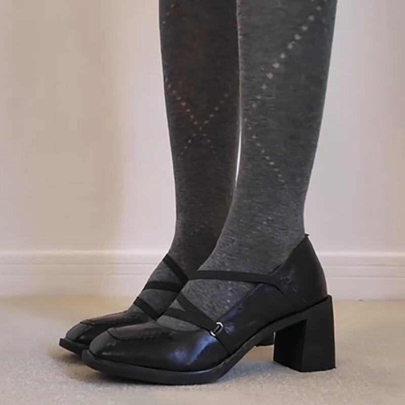 Vintage French Mary Jane Shoes Women's Square Toe Versatile Shallow Mouth Slip-on Block Heel Leather Shoes