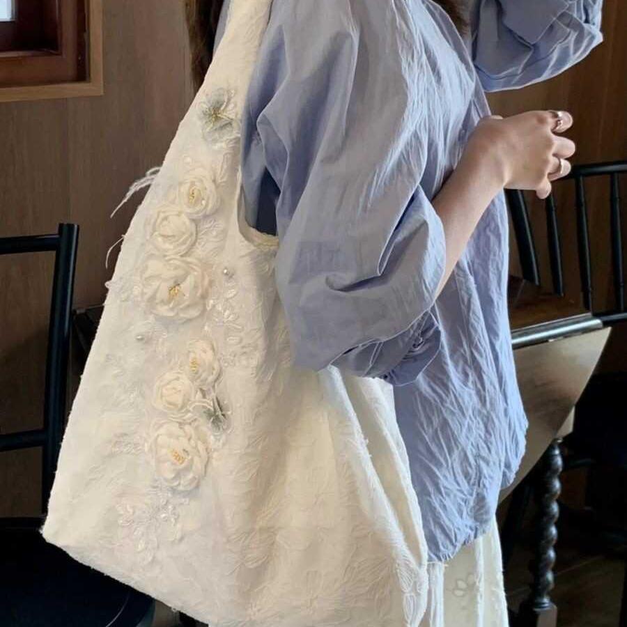 Gentle Fairy Bag Spring and Summer Flowers Lace Shoulder Bag Simple Everything with Korean Temperament Canvas Bag