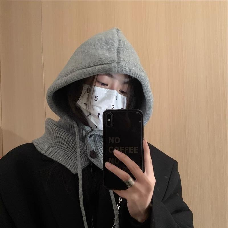 Korean Style Simple Scarf Integrated Neck Protection Warm Knitted Wool Ear Protection Shawl Hat