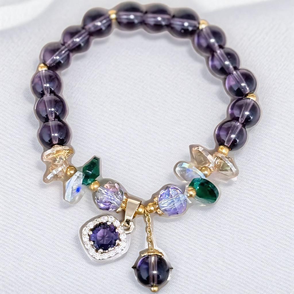 Mode Paarse Kristallen Kralen Armbanden voor Vrouwen Ronde Kralen Paars Klavertje Vier Hanger Armband Geluk Stretch Handketting Sieraden voor Bruiloft