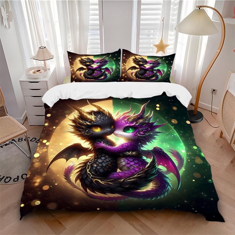 3pcs Two Dragons In Love Printed Bedding Set, Soft and Comfortable Quilt Cover for Bedroom, Guest Room (1 Duvet Cover + 2 Pillowcases, Pillow Cor