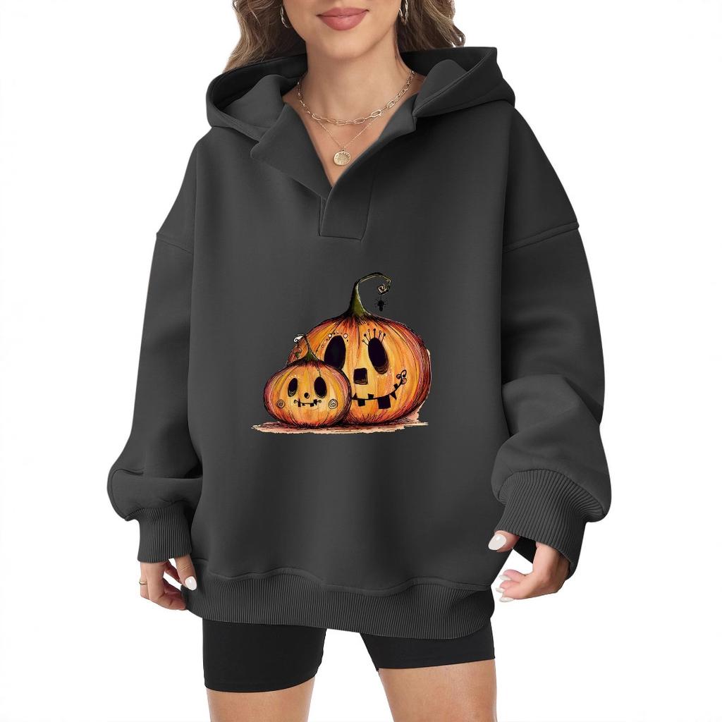 2025 Real Pumpkin Autumn and Winter Halloween Velvet Hooded Sweater Female American Trendy Cartoon Printing Thickened