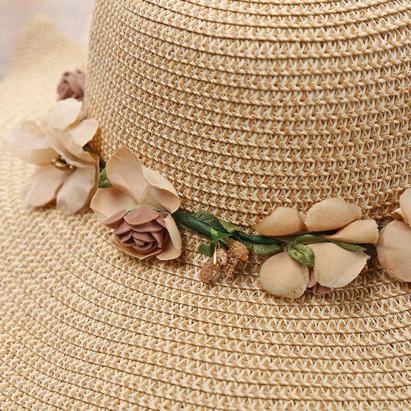 Nuevo Sombrero de Mujer con Ondas Grandes y Flores Sombrero de Paja para Playa al Aire Libre Protección Solar