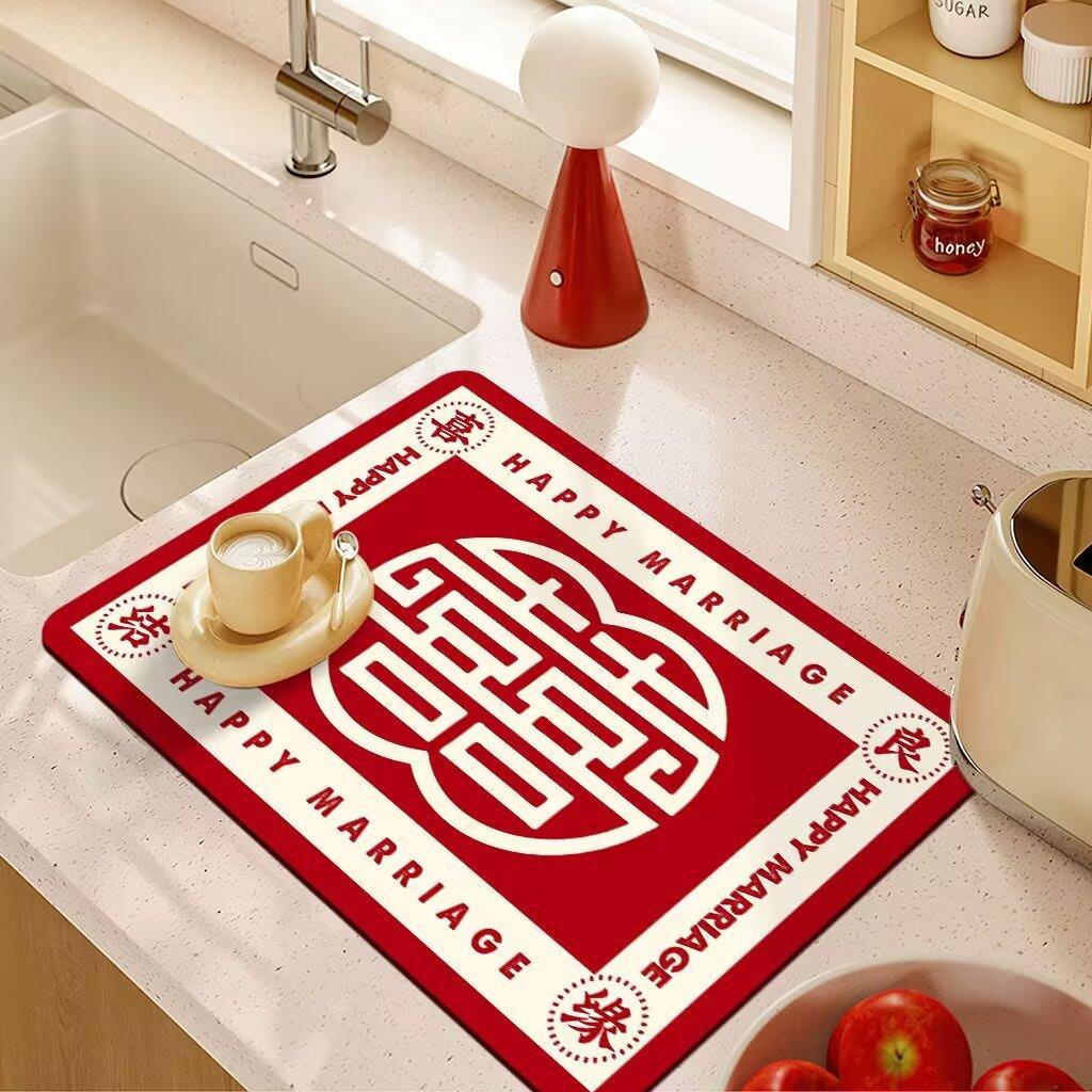 Wedding Drain Mat Red Festive Absorbent Soiled Mat Wash Table Technology Velvet Absorbent Coaster Bowl Mat