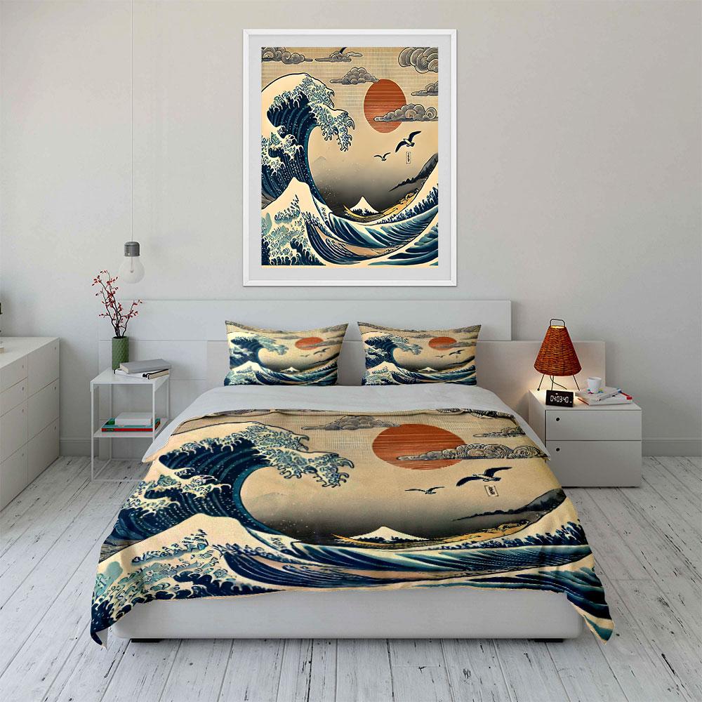Classic Japanese Great Wave and Peaks Print Bedding Set 1 Duvet Cover 2Pillowcases for Adult and Children Luxury Gift Full Size