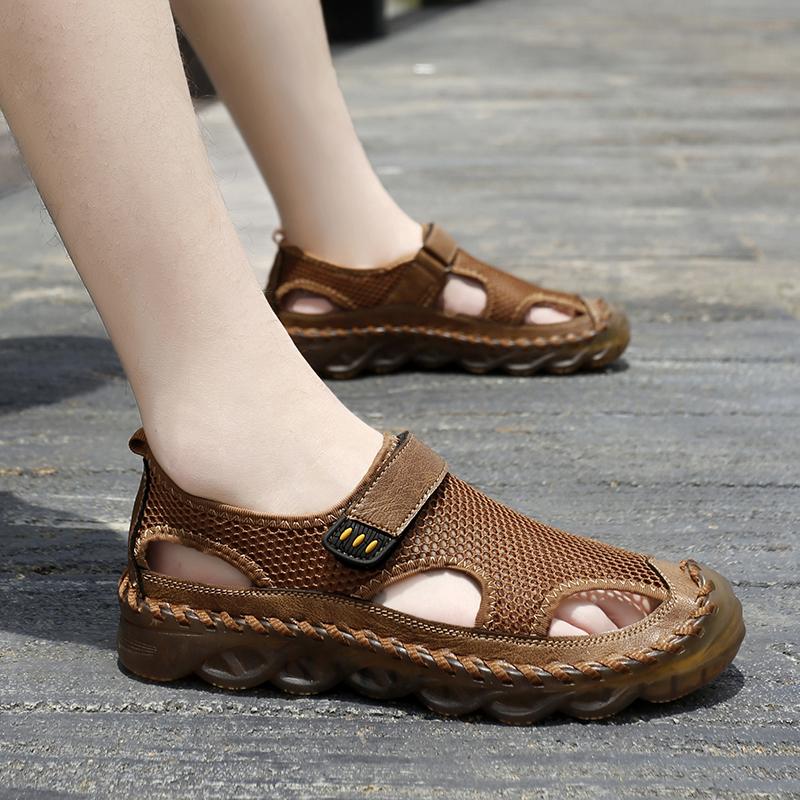 Men Outdoor Hiking Sandals Black Leather Closed Toe Grey Beach Shoes Wide Handmade Sandals Large Size for Father