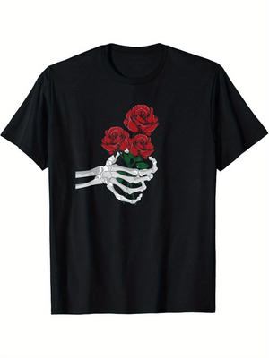Skeleton Hand Holding Red Roses Graphic Tee Men Casual Cotton Crew Neck T-Shirt Daily Wear
