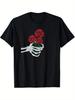Skeleton Hand Holding Red Roses Graphic Tee Men Casual Cotton Crew Neck T-Shirt Daily Wear