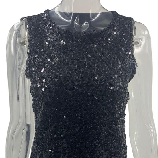 Women Vest Sequin Detail Glitter Tops Round Neck Sleeveless Loose Tank Tops Parties Dates Daily Wear